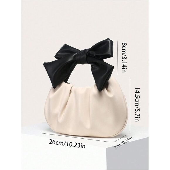 Women's Apricot PU Leather Ruched Hobo Handbag with Bow Top Handle and Zipper Cl - Picture 5 of 5